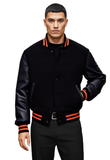 Men’s Varsity Jacket Genuine Leather Sleeve and Wool Body All Black(Orange Line)