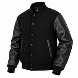 Men’s Varsity Jacket Faux Leather Sleeve and Wool Body All Black (no trim)