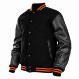 Men’s Varsity Jacket Genuine Leather Sleeve and Wool Body All Black(Orange Line)