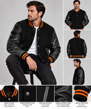 Men’s Varsity Jacket Genuine Leather Sleeve and Wool Body All Black(Orange Line)
