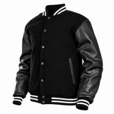 Men’s Varsity Jacket Genuine Leather Sleeve and Wool Body Black