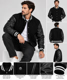 Men’s Varsity Jacket Genuine Leather Sleeve and Wool Body Black
