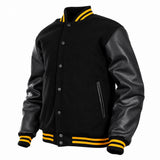 Men’s Varsity Jacket Genuine Leather Sleeve and Wool Body All Black(Yellow Line)