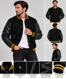 Men’s Varsity Jacket Genuine Leather Sleeve and Wool Body All Black(Yellow Line)