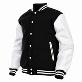 Men’s Varsity Jacket Genuine Leather Sleeve and Wool Body Black/White