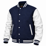 Men's Varsity Jacket Genuine Leather Sleeve and Wool Blend Letterman Boys College Varsity Jackets (Navy Blue/White)