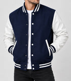 Men's Varsity Jacket Genuine Leather Sleeve and Wool Blend Letterman Boys College Varsity Jackets (Navy Blue/White)