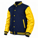 Men’s Varsity Jacket Faux Leather Sleeve and Wool Body Navy/Yellow