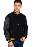 Men’s Varsity Jacket Genuine Leather Sleeve and Wool Body All Black(Yellow Line)