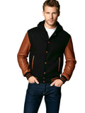 Mens Jacket Wool+Leather Navy Blue/Brown