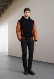 Mens Jacket Wool+Leather Navy Blue/Brown