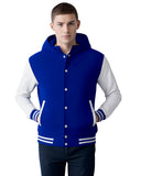 Mens Hoodie Wool Body Genuine Cowhide Leather Arm Sleeves Letterman School/College HoodieBlue/White
