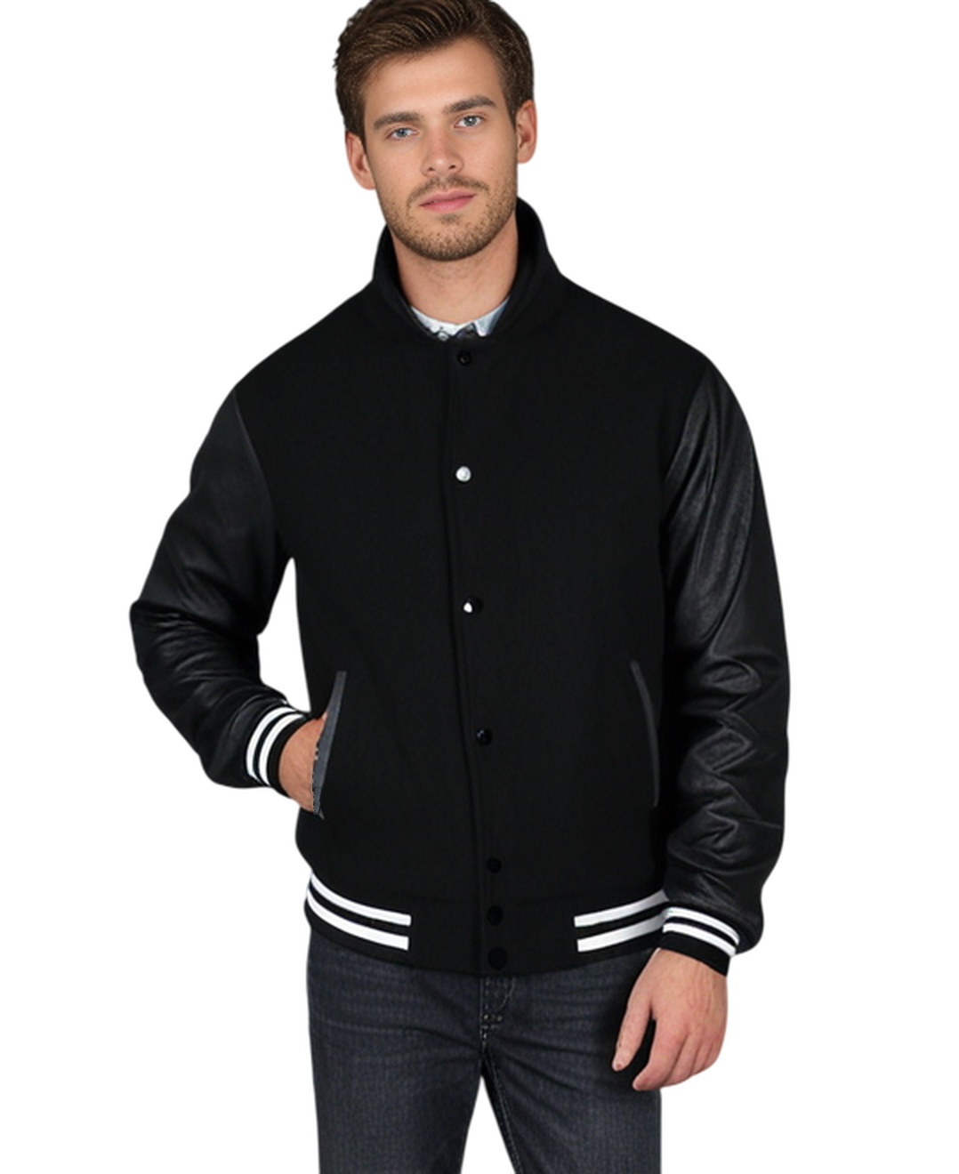 Mens Hoodie Wool+Leather Black Body with Black Genuine Leather Arm Sleeves Letterman College Jacket/Hoodie