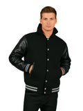 Mens Hoodie Wool Body Genuine Leather Arm Sleeves Varsity Style Hoodie Black Grey Line