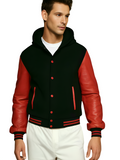 Mens Varsity Style Hoodie Wool Body Genuine Leather Black/Red