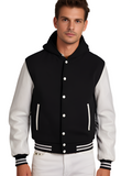 Mens Hoodie Wool body Genuine Cowhide Leather Arm Sleeves College Letterman Varsity Hoodie Black/White