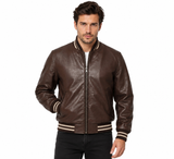 Men's Genuine Cowhide Leather Varsity Jacket – Premium Baseball Bomber Jacket (Dark Brown)