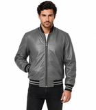 Men's Genuine Cowhide Leather Varsity Jacket – Premium Baseball Bomber Jacket (Grey)