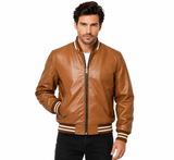 Men's Genuine Cowhide Leather Varsity Jacket – Premium Baseball Bomber Jacket (Light Brown)