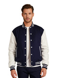 Men's Varsity Jacket Genuine Leather Sleeve and Wool Blend Letterman Boys College Varsity Jackets-Navy Blue/White