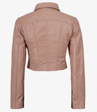 Deckra Women's Cropped Pink Leather Jacket with Shirt Collar