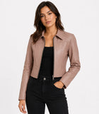 Deckra Women's Cropped Pink Leather Jacket with Shirt Collar