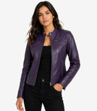 Deckra Womens Real cowhide Leather Purple Biker Style Jacket