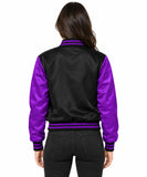 Women Satin Jacket Varsity Letterman Bomber Casual Winter Thermal Jackets Black/Purple