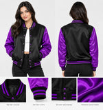 Women Satin Jacket Varsity Letterman Bomber Casual Winter Thermal Jackets Black/Purple