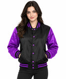 Women Satin Jacket Varsity Letterman Bomber Casual Winter Thermal Jackets Black/Purple