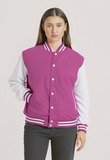 Women Varsity Jacket Wool+Genuine Cowhide Leather Pink/White