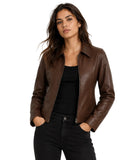 Women's Brown Cowhide Leather Harrington Jacket – Classic Zip-Up Casual Leather Coat