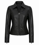 Women's Cowhide Leather Harrington Jacket Black– Classic Zip-Up Casual Leather Coat
