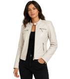 Womens Real Leather cowhide Off White Quilted Biker Style Jacket