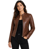 Women's Real Leather Cowhide Biker Style Jacket Brown