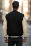 Men's Varsity Jacket Genuine Leather Sleeve and Wool Blend Letterman Boys College Varsity Jackets Black/Cream