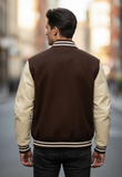 Men's Varsity Jackets Genuine Leather Sleeve And Wool Body Brown/Cream