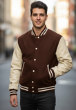Men's Varsity Jackets Genuine Leather Sleeve And Wool Body Brown/Cream