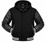 Mens Hoodie Wool+Leather Black Body with Black Genuine Leather Arm Sleeves Letterman College Jacket/Hoodie