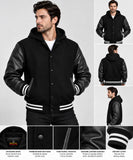 Mens Hoodie Wool+Leather Black Body with Black Genuine Leather Arm Sleeves Letterman College Jacket/Hoodie