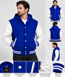 Mens Hoodie Wool Body Genuine Cowhide Leather Arm Sleeves Letterman School/College HoodieBlue/White