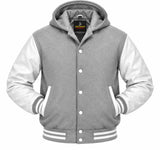 Mens Hoodie Wool Body +Genuine Leather Arm Sleeves Grey/White