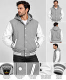 Mens Hoodie Wool Body +Genuine Leather Arm Sleeves Grey/White