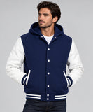 Mens Hoodie Wool+Genuine Leather College Baseball Letterman Varsity Hoodie Navy Blue/White