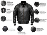 Men's Genuine Cowhide Leather Varsity Jacket – Premium Baseball Bomber Jacket with Rib Knit Collar, Cuffs & Waistband, 2 Side Pockets & Inner Pocket (Black)
