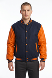 Men’s Varsity Jacket Genuine Leather Sleeve and Wool Body Navy blue/Orange