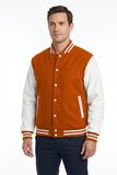 Male model wearing the orange-and-white varsity jacket against a white studio background