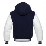 Mens Hoodie Wool+Genuine Leather College Baseball Letterman Varsity Hoodie Navy Blue/White