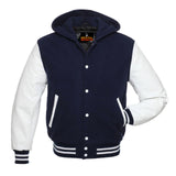 Mens Hoodie Wool+Genuine Leather College Baseball Letterman Varsity Hoodie Navy Blue/White