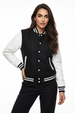 Women Varsity Jacket Wool+Genuine Leather Letterman Baseball Winter Jacket Black/White